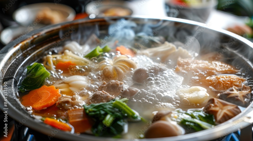 A close-up of a shabu-shabu pot filled with clear broth and fresh ingredients simmering gently on a portable stove. A close-up of a shabu-shabu pot filled with clear broth and fresh ingredients simmering gently on a portable stove.