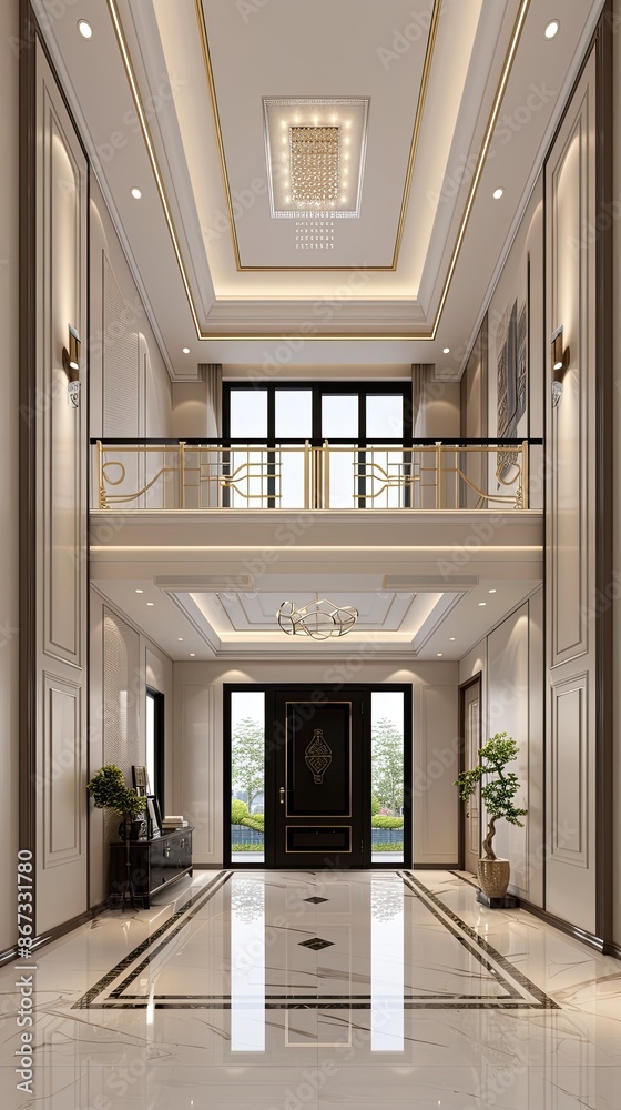 Obraz premium A modern home interior with a curved wooden staircase featuring black iron railings and white marble flooring. A black door is visible to the right.