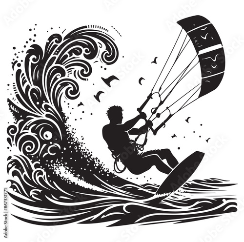 Kitesurfing Kite Surfing logo, silhouette vector on white background.