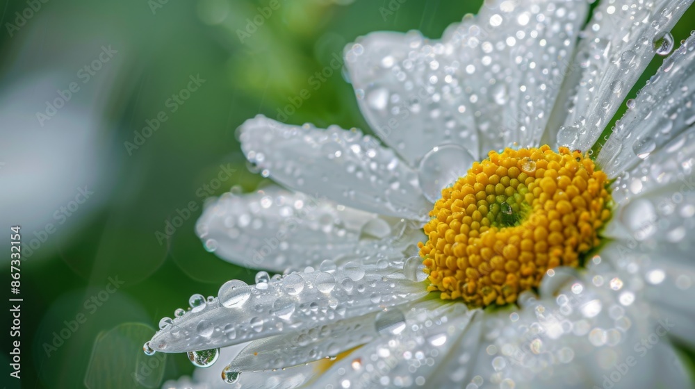 A close-up view of water droplets forming beads on the petals of a white daisy in a dewy garden. A close-up view of water droplets forming beads on the petals of a white daisy in a dewy garden.