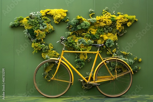 Yellow bicycle with a map of the world on a green background, world car free day , photo