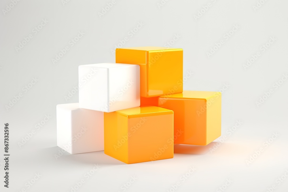 Concept of four 3d orange boxes isolated on white background. Rendered illustration.
