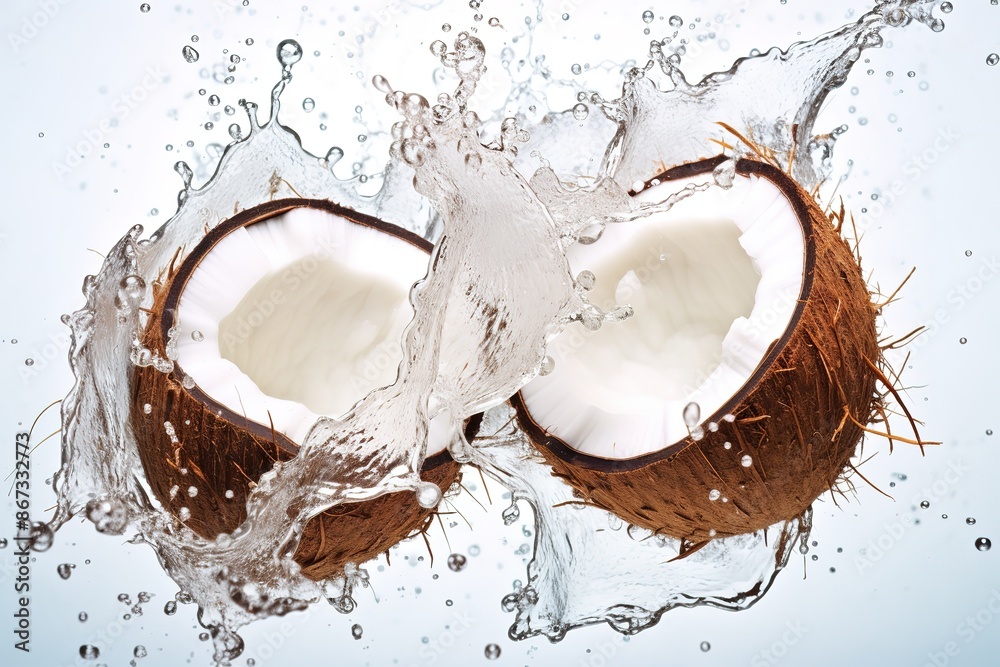 Delicious coconut broken in half, isolated on white background