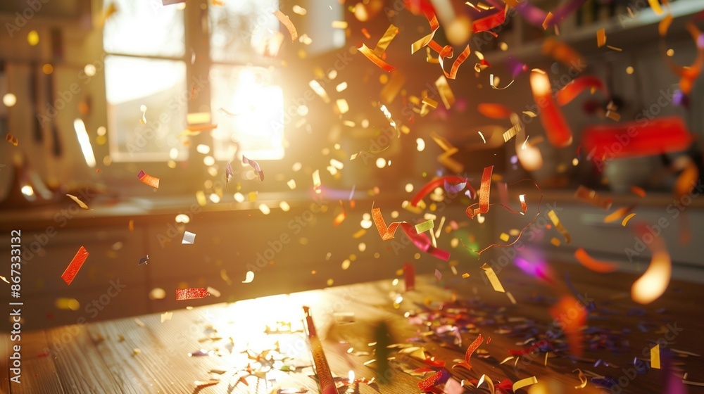 Vibrant Confetti Scattered in Sunlit Room Vibrant Confetti Scattered in Sunlit Room