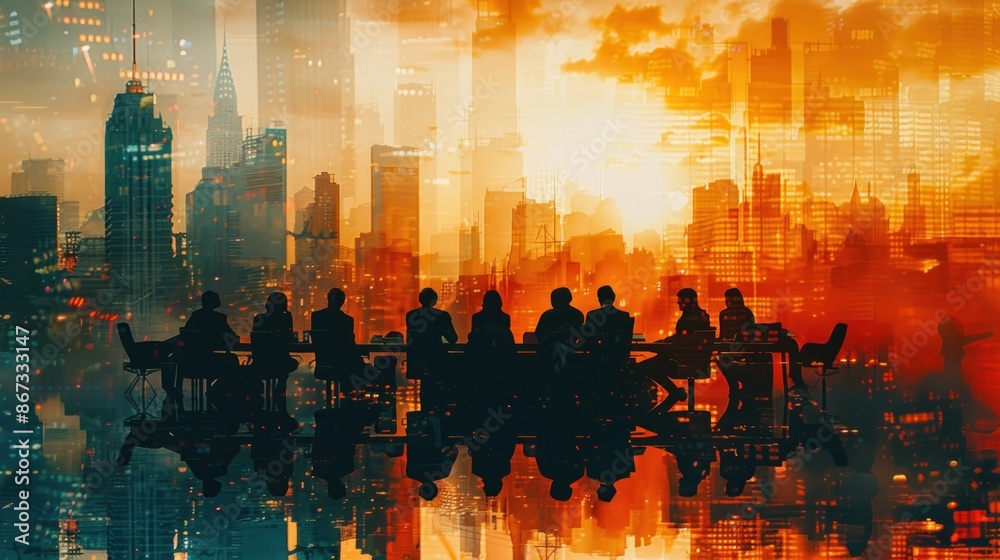 A business meeting takes place around a conference table, the participants engaged in discussion, overlaid with a city skyline, the double exposure effect highlighting the influence of urban A business meeting takes place around a conference table, the participants engaged in discussion, overlaid with a city skyline, the double exposure effect highlighting the influence of urban