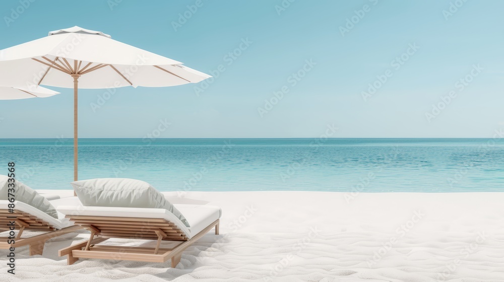 Obraz premium Luxurious beach setup with cushioned lounge chairs and large umbrellas, clear blue sky, and sparkling sea in the distance, ultimate relaxation and leisure scene