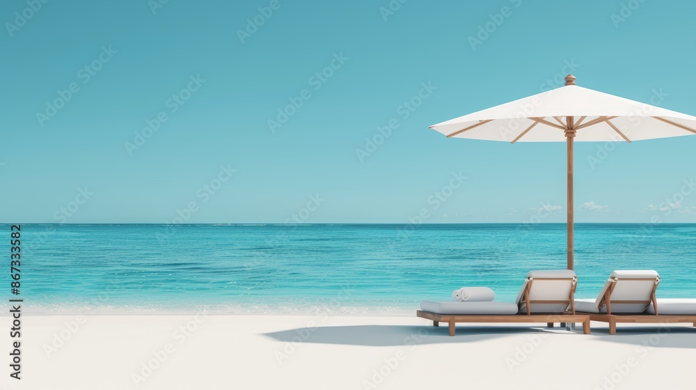 Obraz premium Luxurious beach setup with cushioned lounge chairs and large umbrellas, clear blue sky, and sparkling sea in the distance, ultimate relaxation and leisure scene