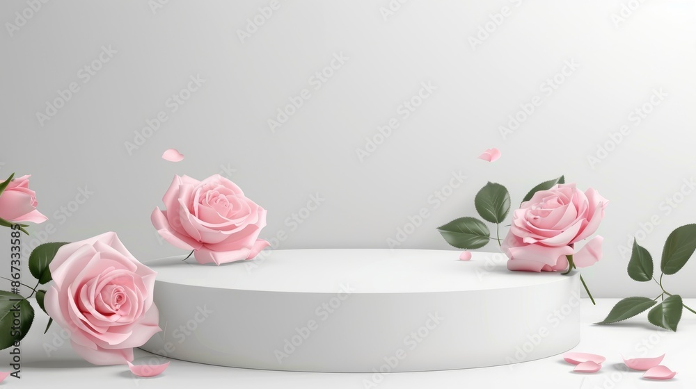 White podium and pink roses on light gray background Minimalist design for product promotion Abstract display for beauty and spa theme White podium and pink roses on light gray background Minimalist design for product promotion Abstract display for beauty and spa theme