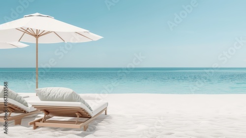 Luxurious beach setup with cushioned lounge chairs and large umbrellas, clear blue sky, and sparkling sea in the distance, ultimate relaxation and leisure scene © JP STUDIO LAB
