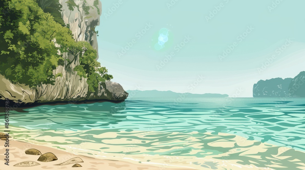 Fototapeta premium Serene Tropical Beach with Crystal Clear Water and Lush Cliff