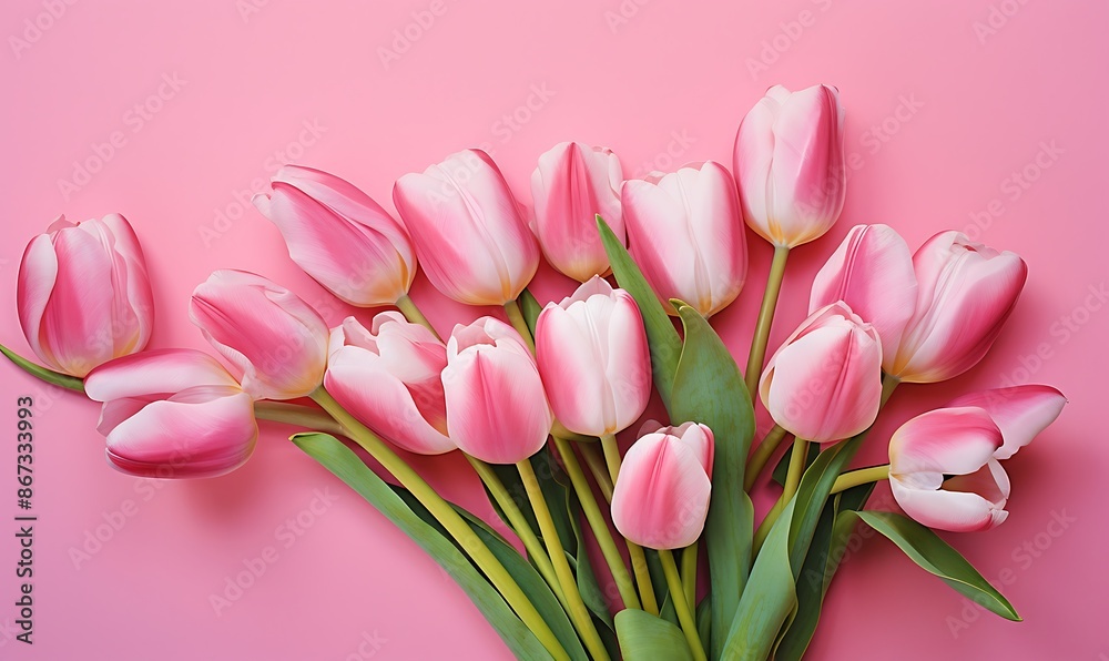 Bouquet of pink tulips on pink background. Top view. Bouquet of pink tulips on pink background. Top view.