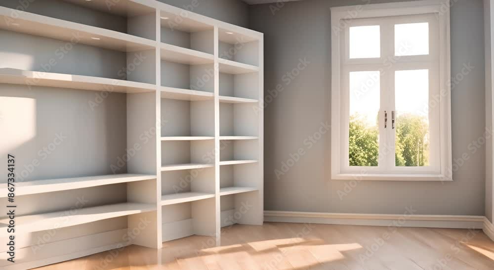 Interior of empty room with white wooden shelves and cupboards Interior of empty room with white wooden shelves and cupboards