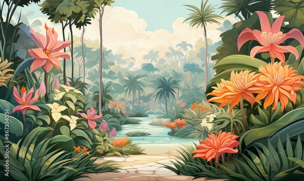 Botanical garden background with exotic plants, flat design, top view, tropical theme, cartoon drawing, colored pastel Botanical garden background with exotic plants, flat design, top view, tropical theme, cartoon drawing, colored pastel