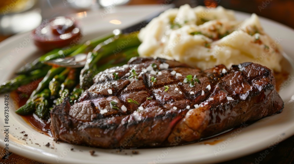 A gourmet steak dinner served with creamy mashed potatoes and steamed asparagus, plated beautifully for a fine dining experience. A gourmet steak dinner served with creamy mashed potatoes and steamed asparagus, plated beautifully for a fine dining experience.