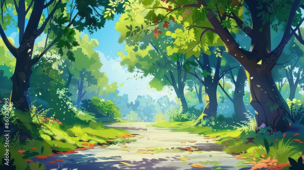 Enchanting Forest Path. Digital illustration of a sun-dappled trail through lush green woods, perfect for nature, fantasy Enchanting Forest Path. Digital illustration of a sun-dappled trail through lush green woods, perfect for nature, fantasy