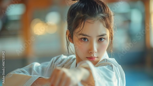 Beautiful korean woman wear taekwondo costume, fighting pose