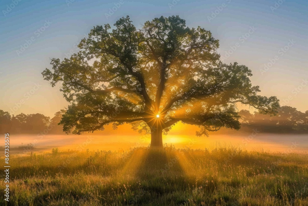 Tree Sunrise. Oak Tree in Meadow with Sunbeams and Morning Fog Tree Sunrise. Oak Tree in Meadow with Sunbeams and Morning Fog