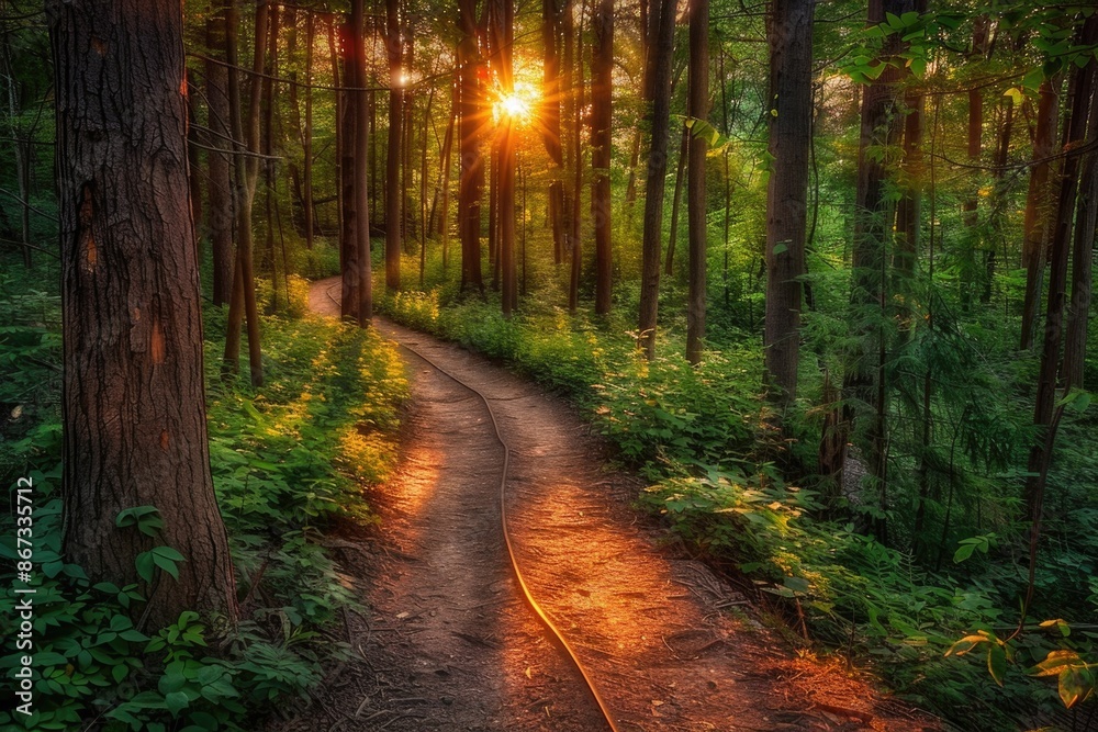 Fototapeta premium Woods Sun. Summer Sunset Landscape in Inspirational Woods Path Adventure
