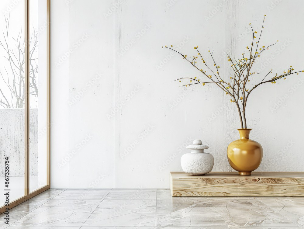 Zen interiors composition in a luxury apartment with minimalist furniture and natural lighting. Calming residential interiors in neutral tone.