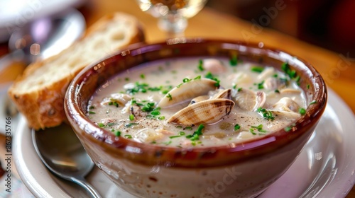 A hearty bowl of clam chowder soup served with crusty bread, a popular dish from New England cuisine. photo