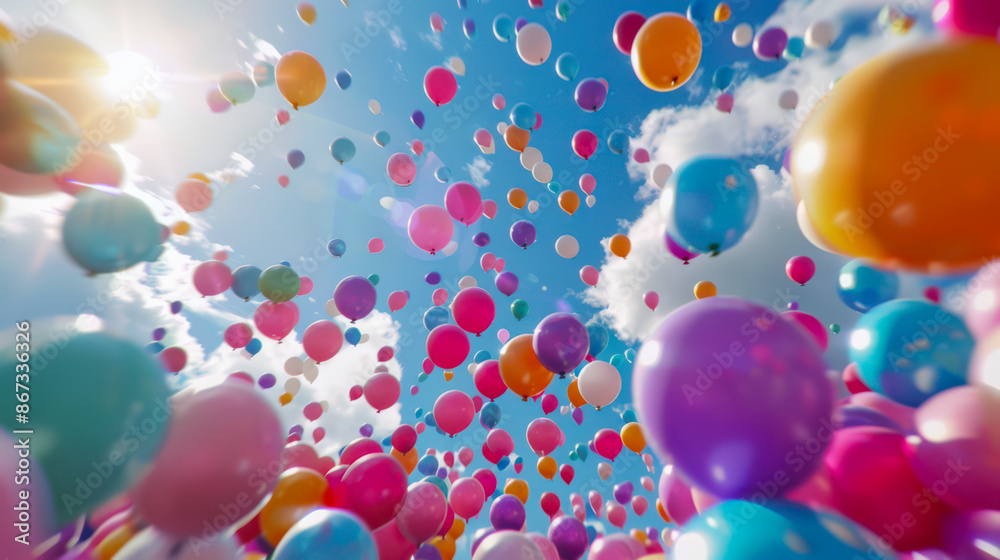 Thousands of colorful balloons floating in the air, creating a colorful mosaic against the sky. Thousands of colorful balloons floating in the air, creating a colorful mosaic against the sky.