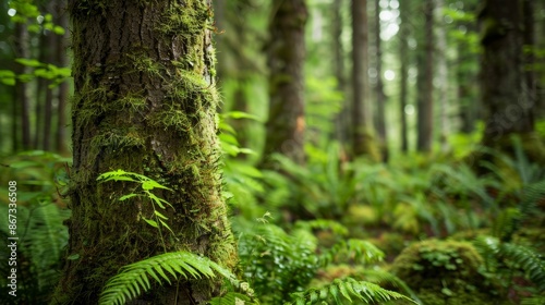 A close-up photograph of a single tree trunk covered in moss and ferns in a forest setting. The shallow depth of field creates a soft, dreamy background photo