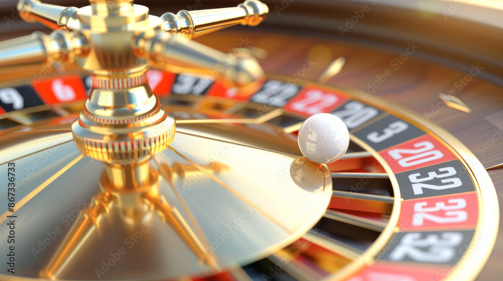 A roulette wheel is spinning, and the ball is about to land in one of the slots. The image is a 3D rendering, and the ball and wheel are in extreme closeup. A roulette wheel is spinning, and the ball is about to land in one of the slots. The image is a 3D rendering, and the ball and wheel are in extreme closeup.