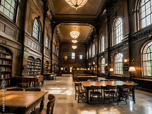 A large and luxurious library with tables and chairs with a large fireplace in the center © Rafli