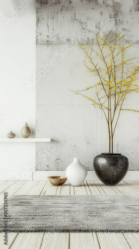 Zen interiors composition in a luxury apartment with minimalist furniture and natural lighting. Calming residential interiors in neutral tone.