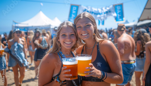 Two young women drinking beer at a music festival or summer party, amidst the crowd. Concept of festivals and summer parties, alcohol consumption, fun, and lifestyle.