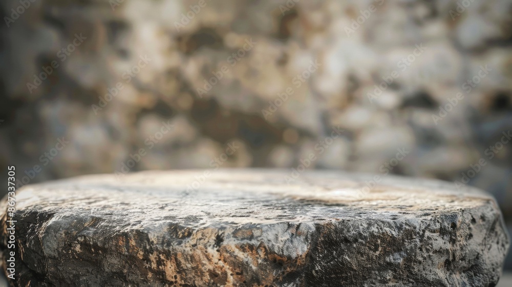 Close Up of a Rough, Circular Stone Surface Against a Blurred Stone Wall Close Up of a Rough, Circular Stone Surface Against a Blurred Stone Wall