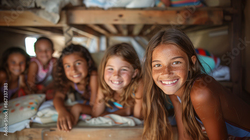 A group of happy boys and girls taking a photo for memories in the summer camp cabin. Summer friendships. Concept of vacations, activities, and summer camps.