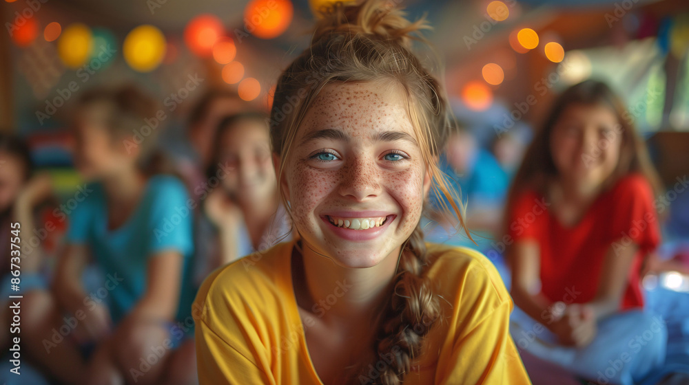 Portrait of a smiling girl at summer camp or at her birthday party with friends in the background. Concept of children's parties, friends' gatherings, or summer camps. Portrait of a smiling girl at summer camp or at her birthday party with friends in the background. Concept of children's parties, friends' gatherings, or summer camps.