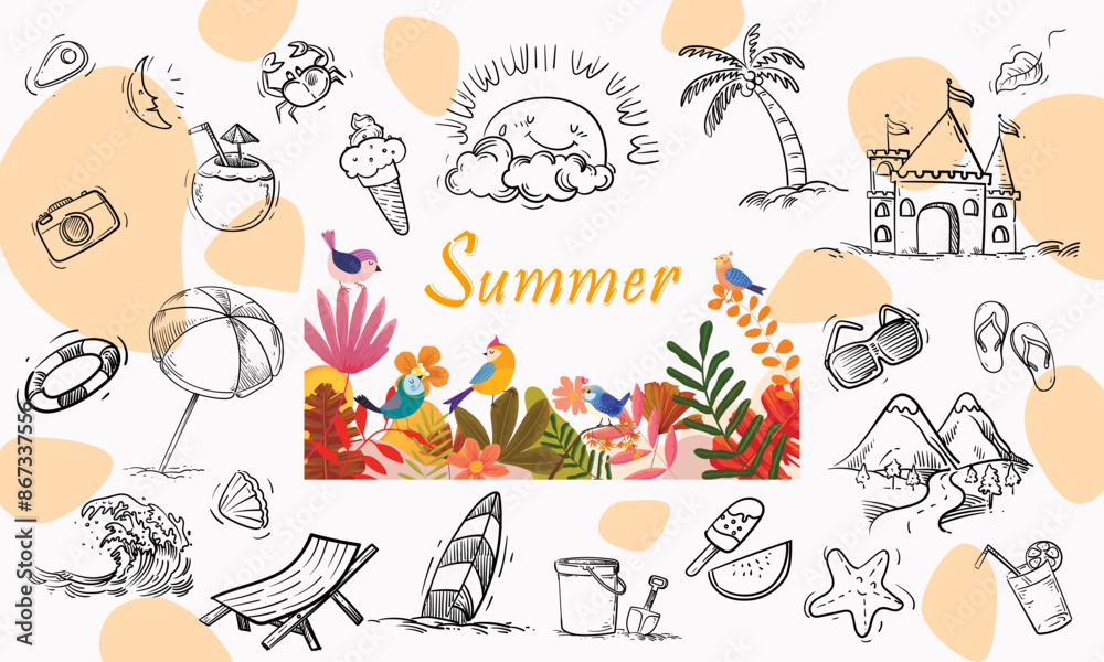 Fototapeta premium Set of summer, beach element pattern doodle design background illustration