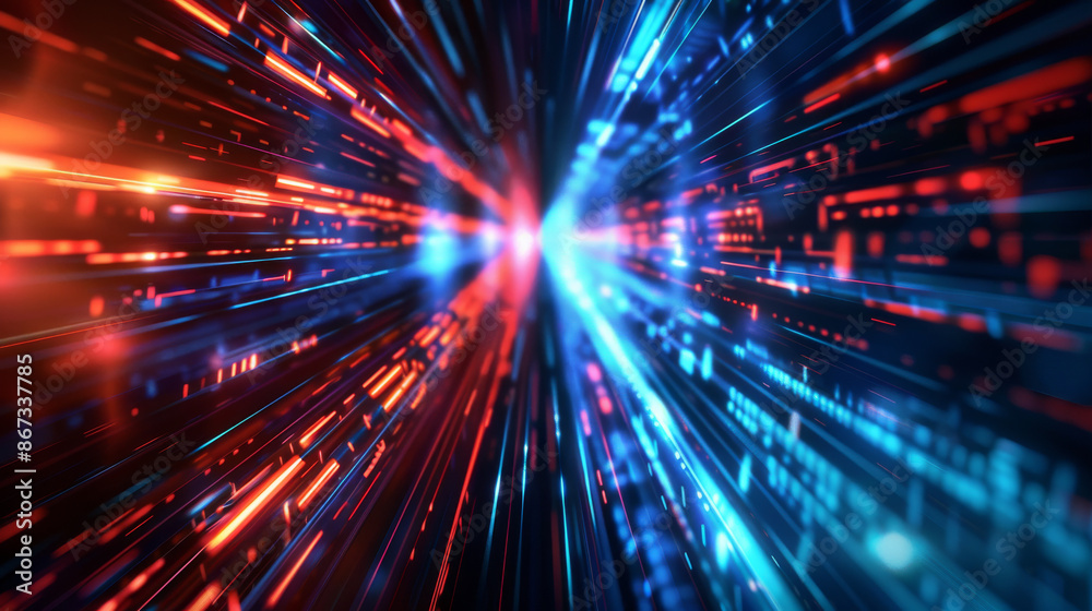 Abstract tech banner with blue, red geometric shapes. Concept for science, futuristic energy technology. Light rays, lines with light, speed, motion blur against a dark background. Abstract tech banner with blue, red geometric shapes. Concept for science, futuristic energy technology. Light rays, lines with light, speed, motion blur against a dark background.