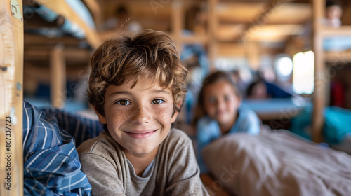 A cheerful boy on his bunk bed in the summer camp cabin with his friends in the background. Concept of vacation, camps, and summer activities.