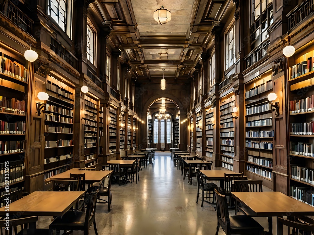 A large and luxurious library with tables and chairs with a large fireplace in the center A large and luxurious library with tables and chairs with a large fireplace in the center