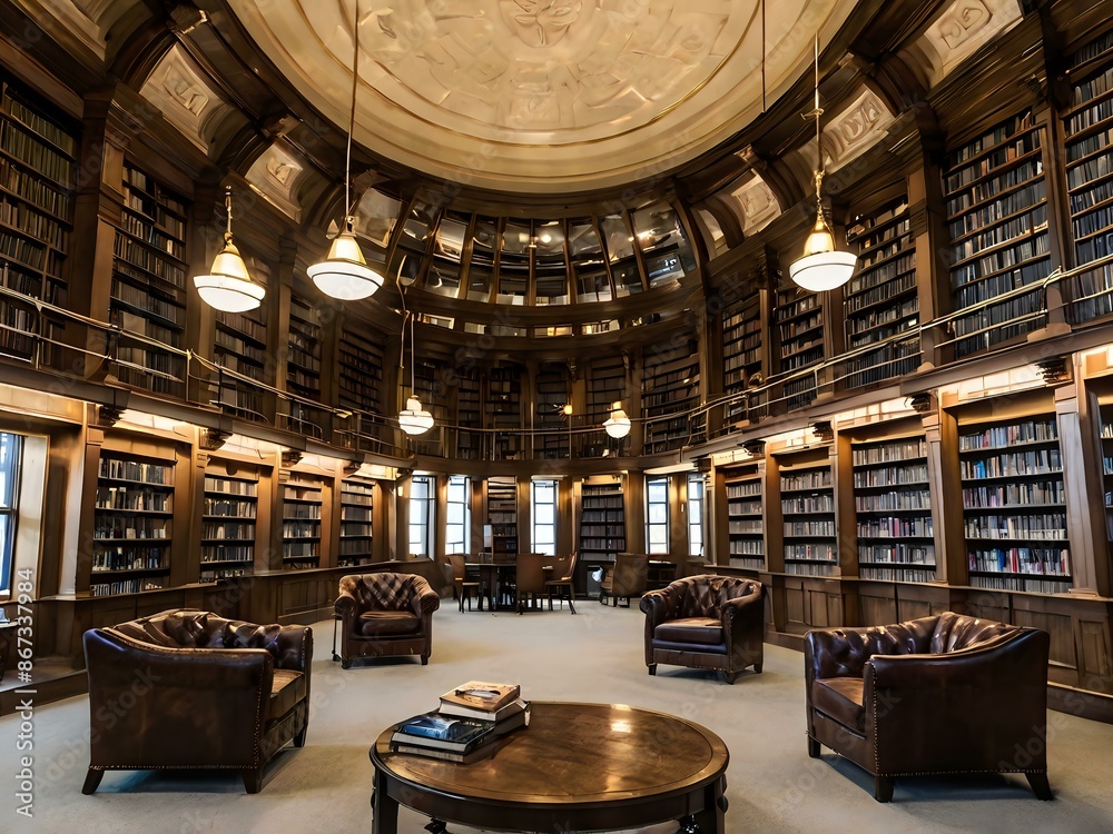 A large and luxurious library with tables and chairs with a large fireplace in the center A large and luxurious library with tables and chairs with a large fireplace in the center