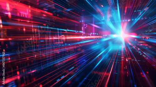 Abstract tech banner with blue, red geometric shapes. Concept for science, futuristic energy technology. Light rays, lines with light, speed, motion blur against a dark background.