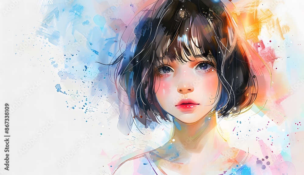 Anime Style Painting of a Beautiful Girl with Short Hair on White Background Anime Style Painting of a Beautiful Girl with Short Hair on White Background