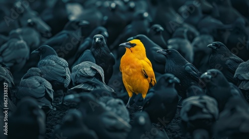 A striking yellow crow that lives alone among a flock of black crows.