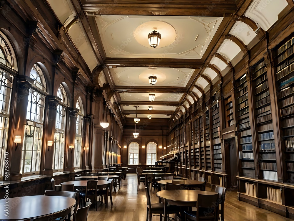 A large and luxurious library with tables and chairs with a large fireplace in the center A large and luxurious library with tables and chairs with a large fireplace in the center