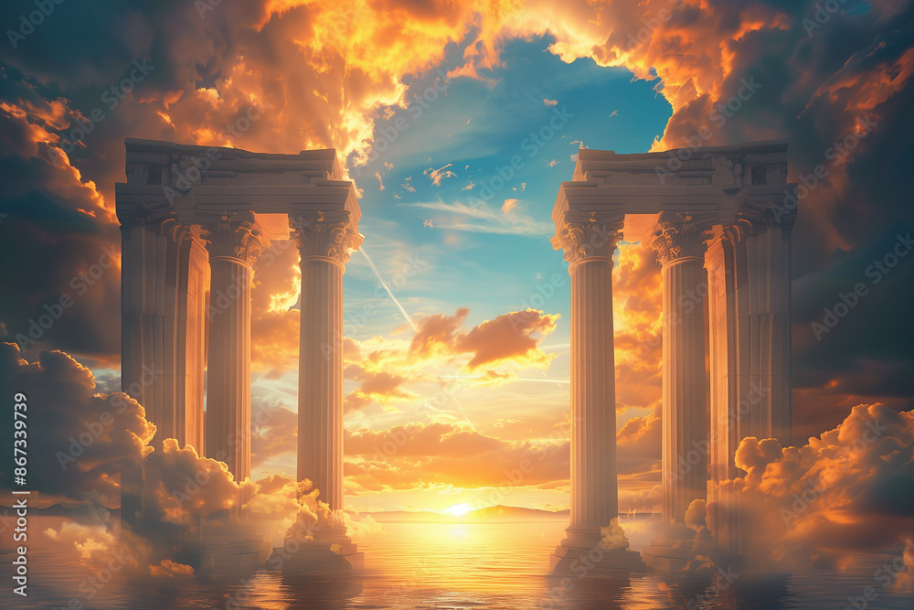 Fototapeta premium A breathtaking celestial scene with ancient columns at sunset