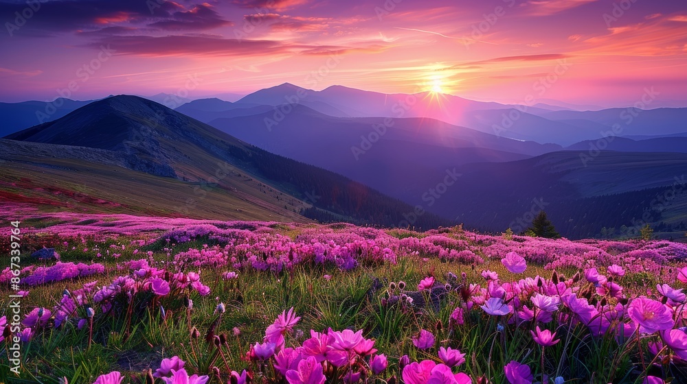 A breathtaking view of a field of vibrant flowers stretching to the horizon, with the sun setting behind distant mountains, painting the sky in stunning shades of orange and purple A breathtaking view of a field of vibrant flowers stretching to the horizon, with the sun setting behind distant mountains, painting the sky in stunning shades of orange and purple
