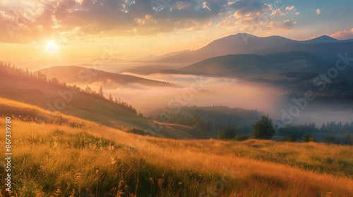 Beauty of countryside concept background. Summer sunrise on mountain farmland
