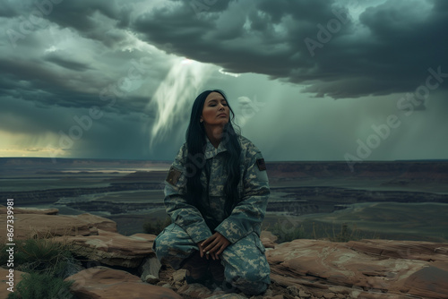 A Serene Portrait of a Native American Woman in Military Uniform, Contemplating Nature Amidst a Stormy Desert Landscape photo