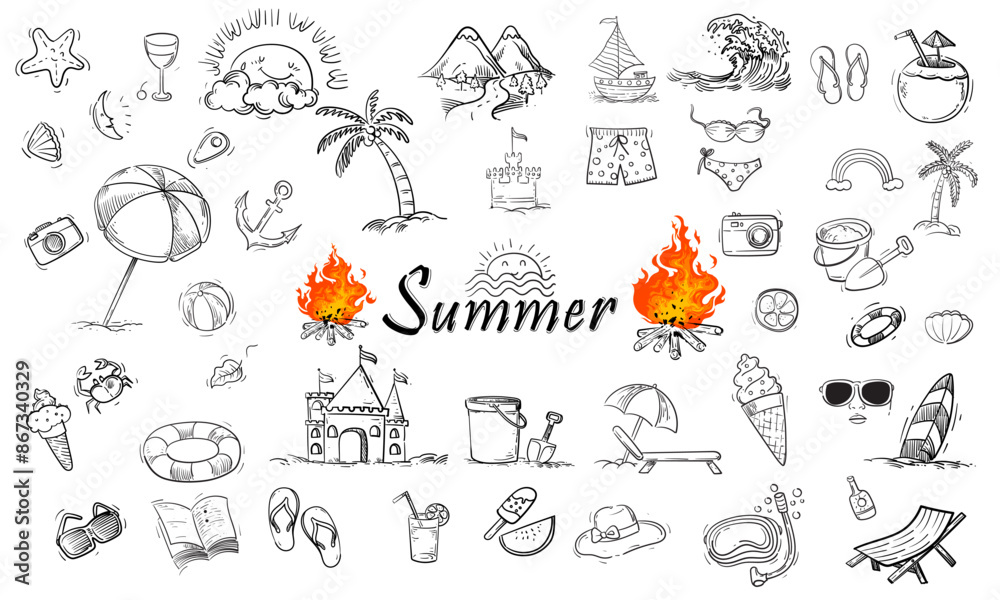 Fototapeta premium Set of summer, beach element pattern doodle design background illustration