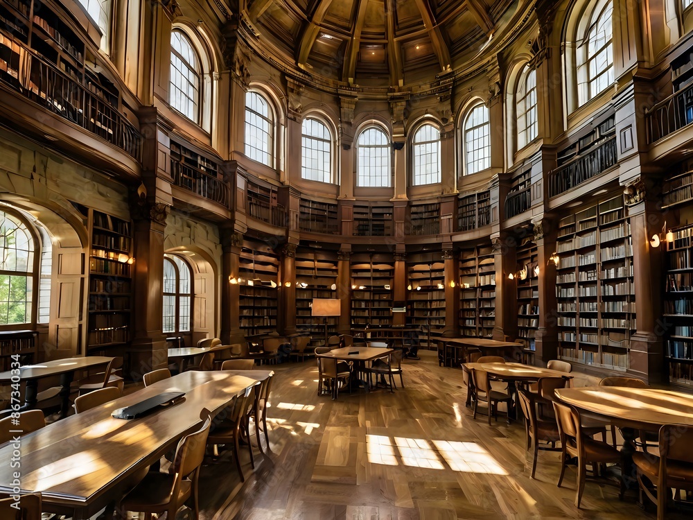 A large and luxurious library with tables and chairs with a large fireplace in the center A large and luxurious library with tables and chairs with a large fireplace in the center