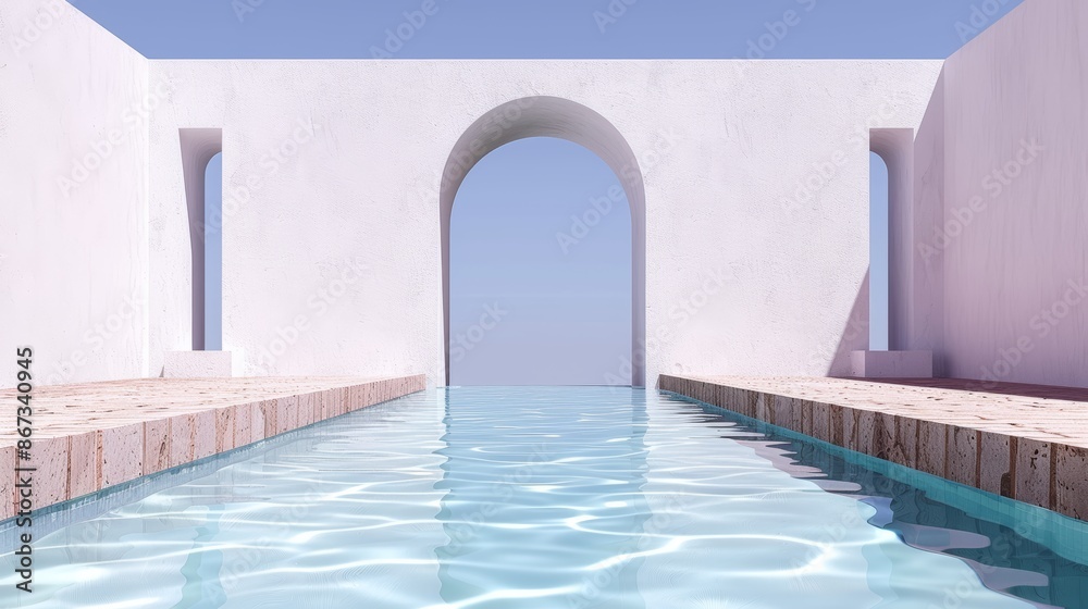 Fototapeta premium Plain white courtyard of stone and water, reminiscent of The Cell, multicolored and vibrant, colorized normals adding a surreal touch, peaceful yet unsettling vibe