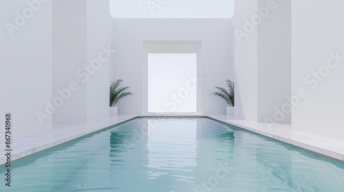 Plain white courtyard of stone and water, reminiscent of The Cell, multicolored and vibrant, colorized normals adding a surreal touch, peaceful yet unsettling vibe